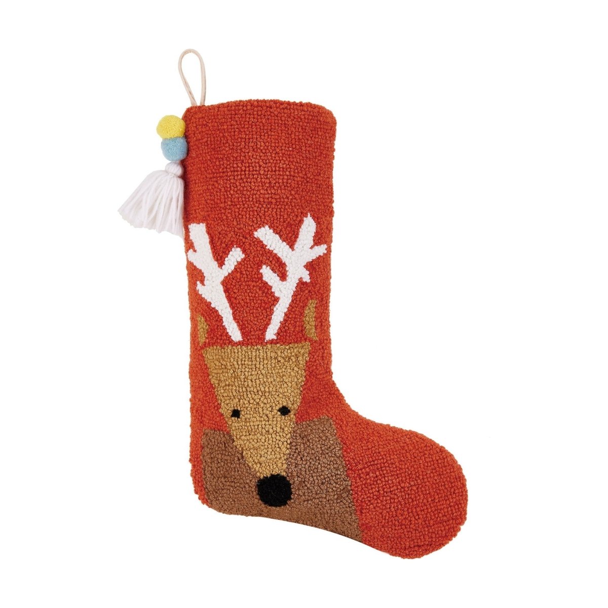Reindeer with Pom Pom Hooked Wool Christmas Stocking, 12x20 inch, front view