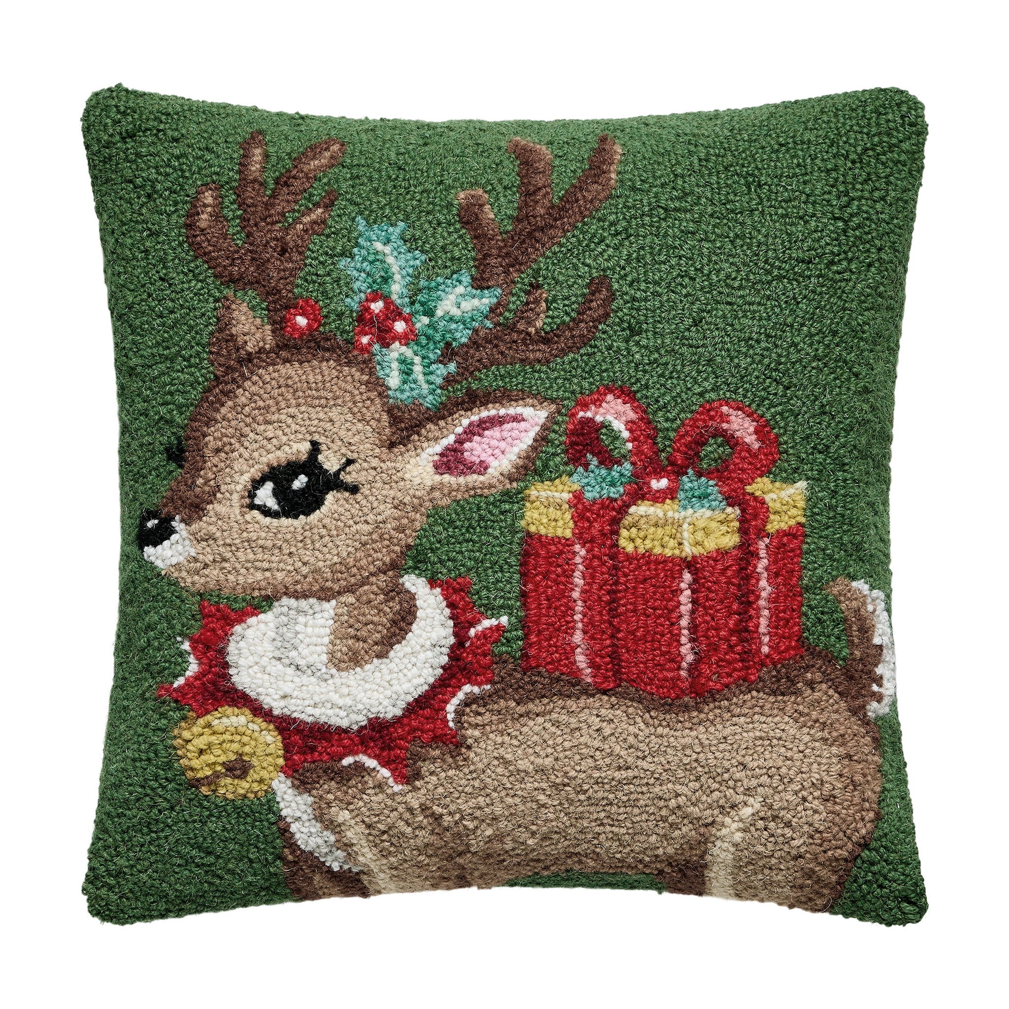 Reindeer with Present Hooked Wool Christmas Throw Pillow, 16x16 inch, front view