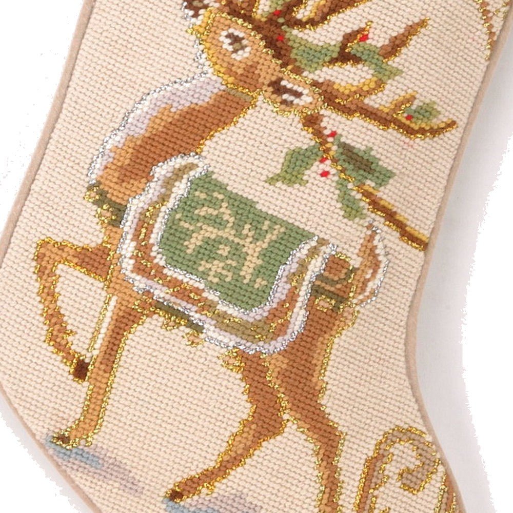 Closeup of Reindeer Wool Needlepoint Christmas Stocking showing stitch texture and craftsmanship detail