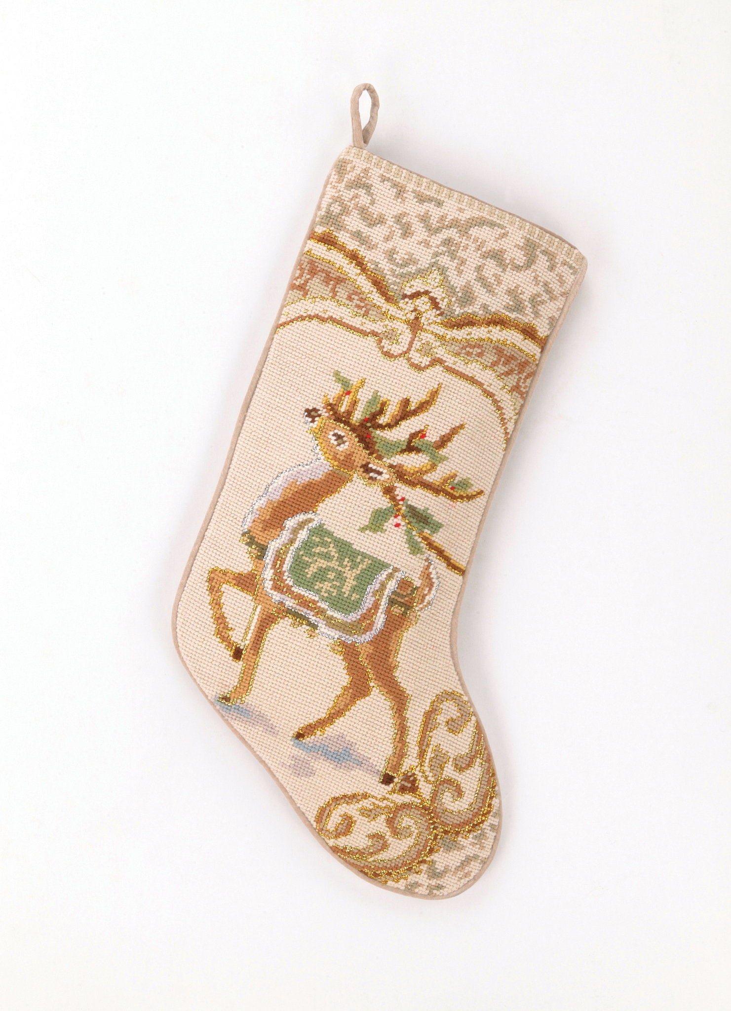 Reindeer Wool Needlepoint Christmas Stocking, 11x18 inch, front view