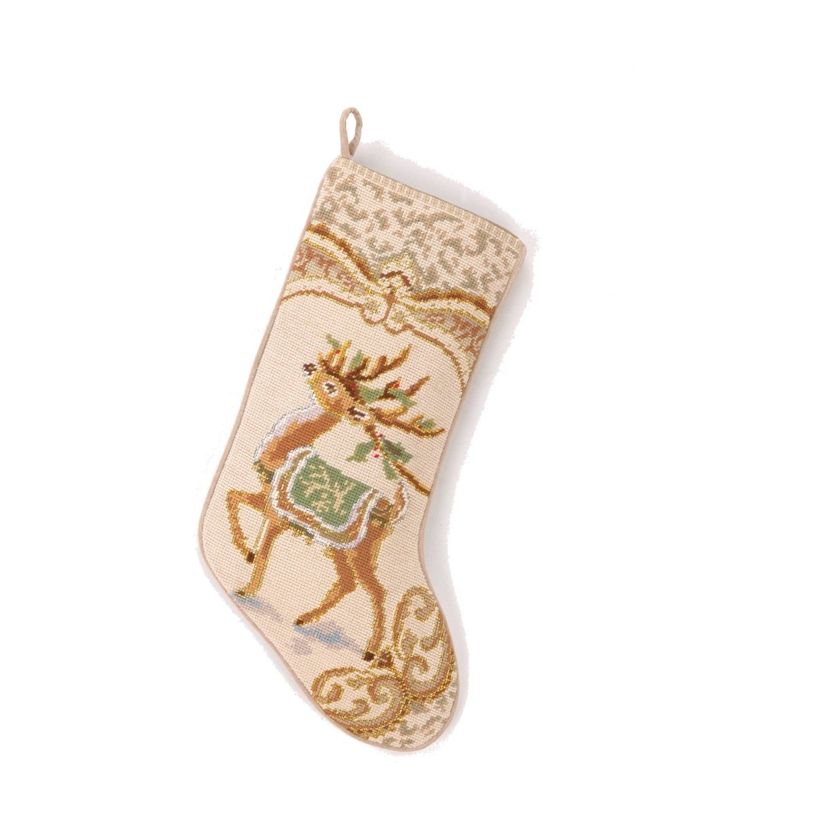 Reindeer Wool Needlepoint Christmas Stocking, 11x18 inch, front view