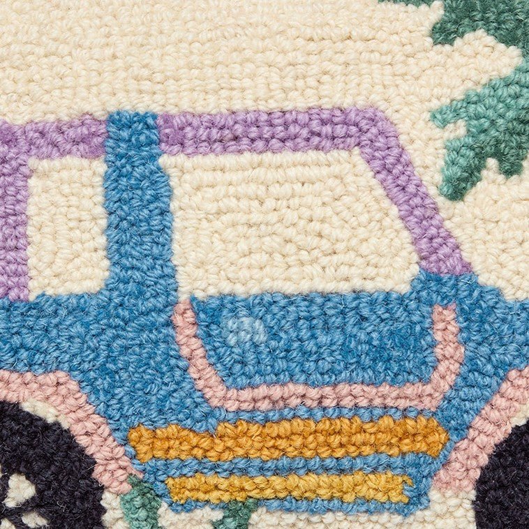 Retro Jeep Hooked Wool Throw Pillow, close-up detail