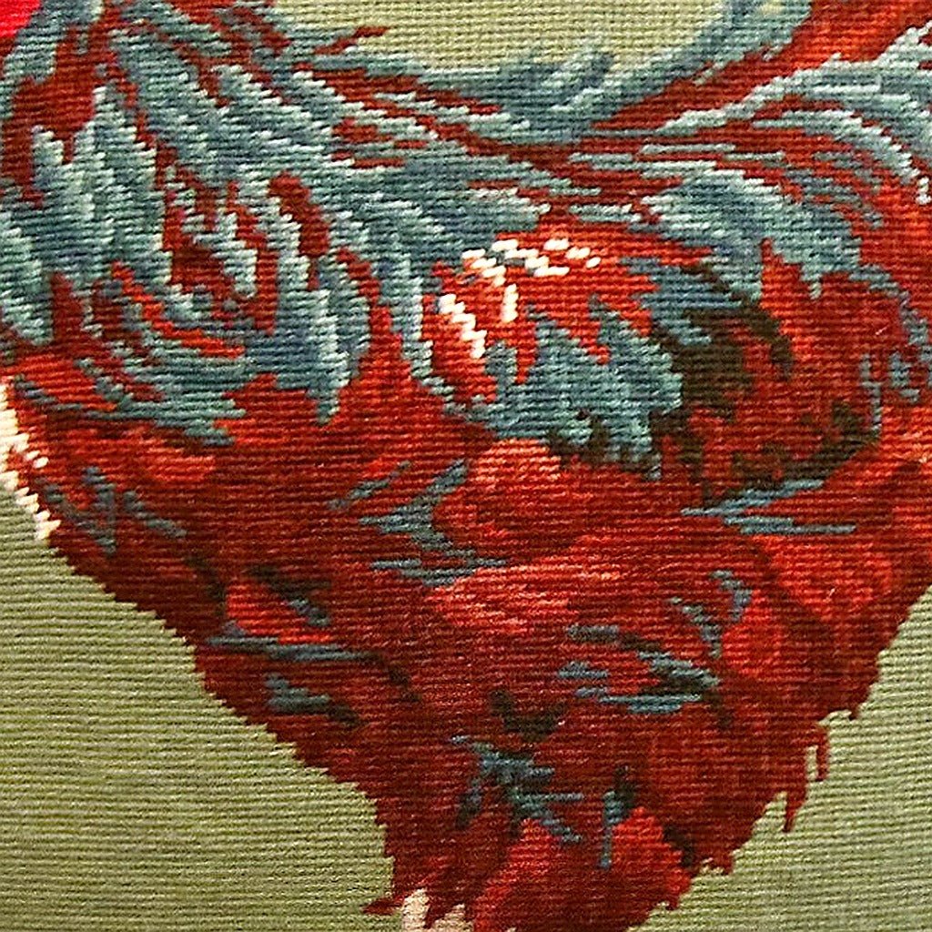 Hand-stitched wool detail of Rhode Island Red Chicken needlepoint pillow showing intricate weave pattern and texture