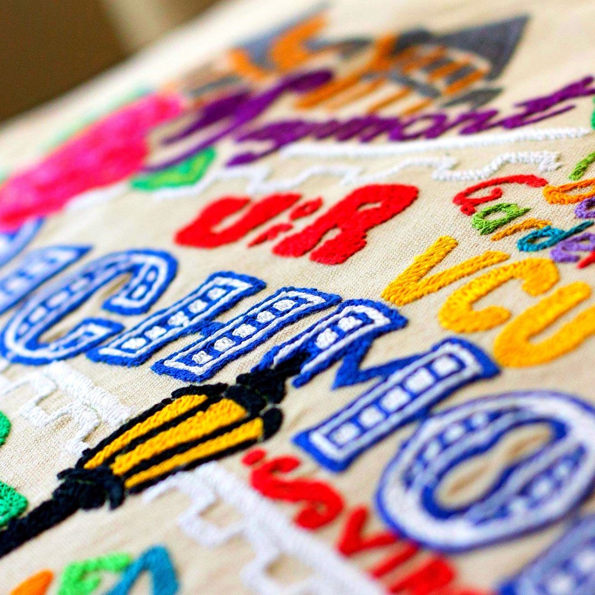 Richmond, VA Historic City Embroidered Travel Pillow - close-up detail of hand-embroidered needlepoint stitching