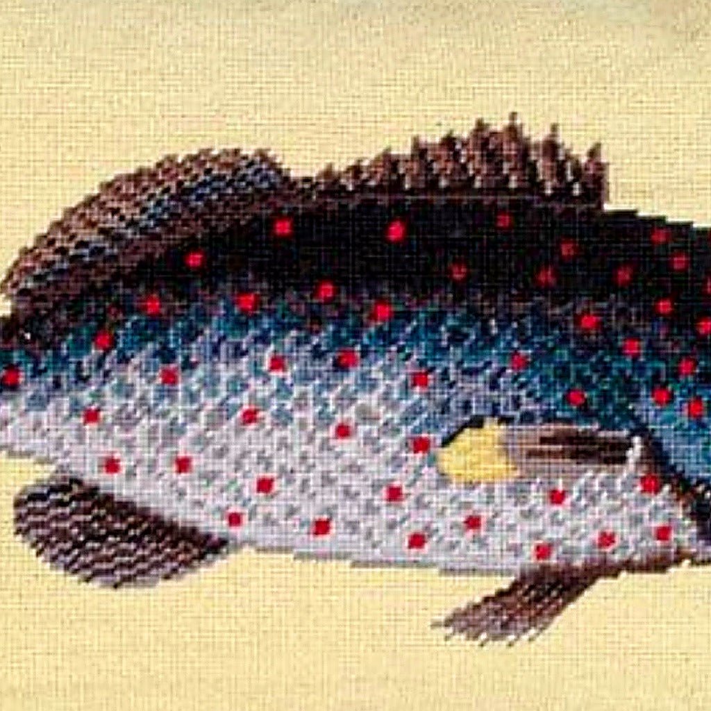 Closeup of Rock Fish Coastal needlepoint throw pillow highlighting hand-stitched wool craftsmanship and fabric detail