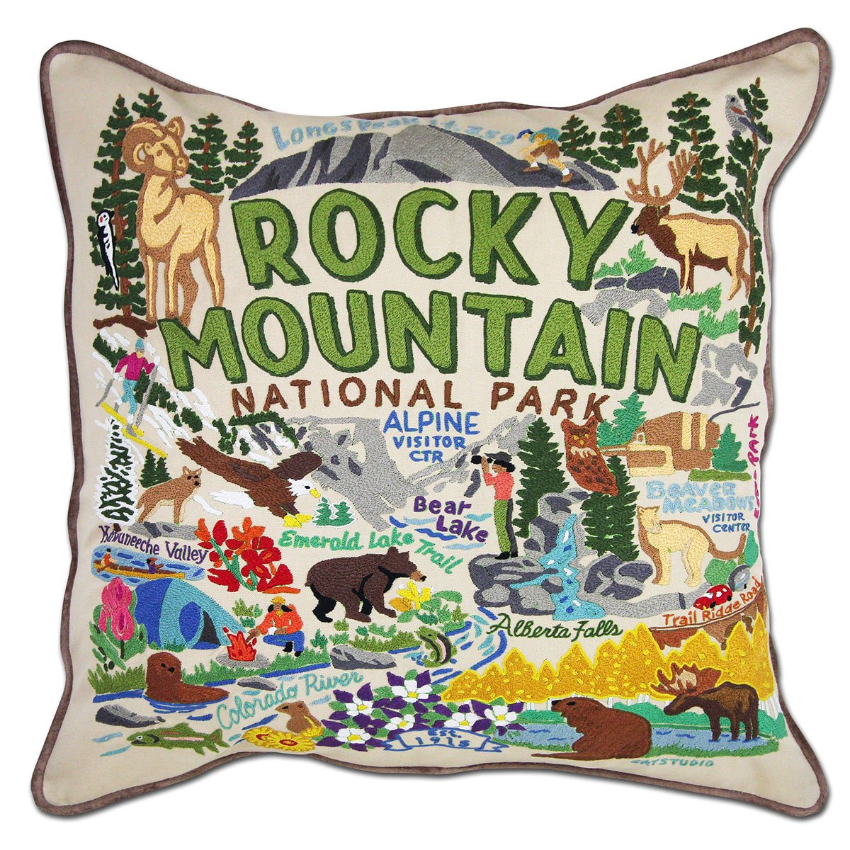 Rocky Mountain Alpine Glory hand-embroidered throw pillow with artisan decorative design