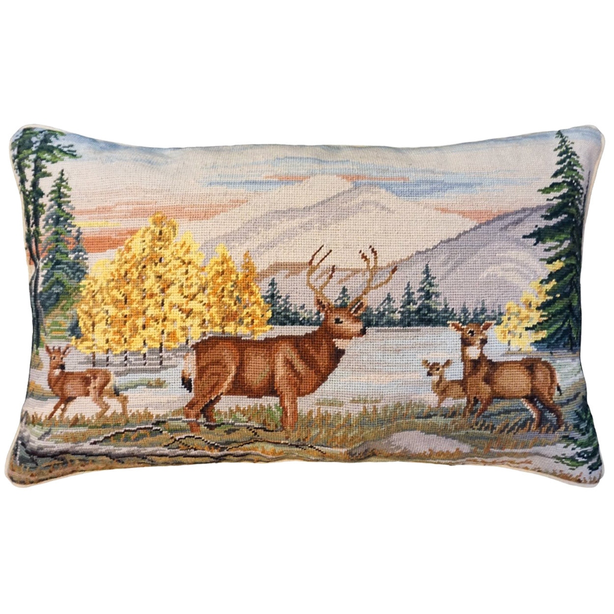 Rocky Mountain Autumn White needlepoint throw pillow with rustic lodge-style design