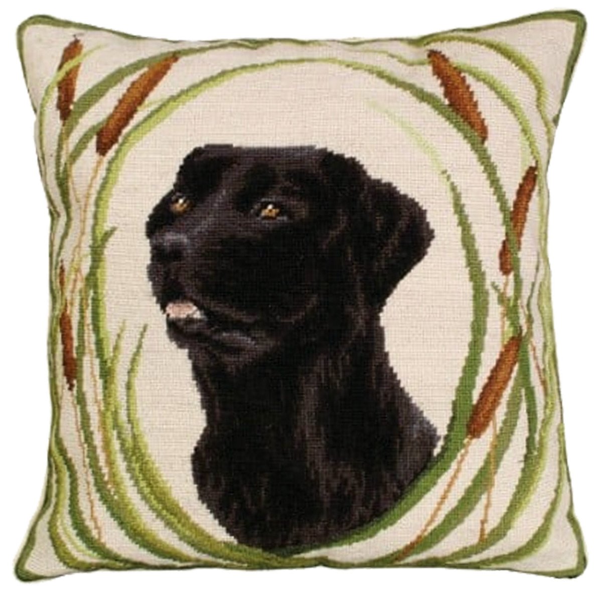 Black Labrador Dog needlepoint throw pillow with rustic lodge-style design