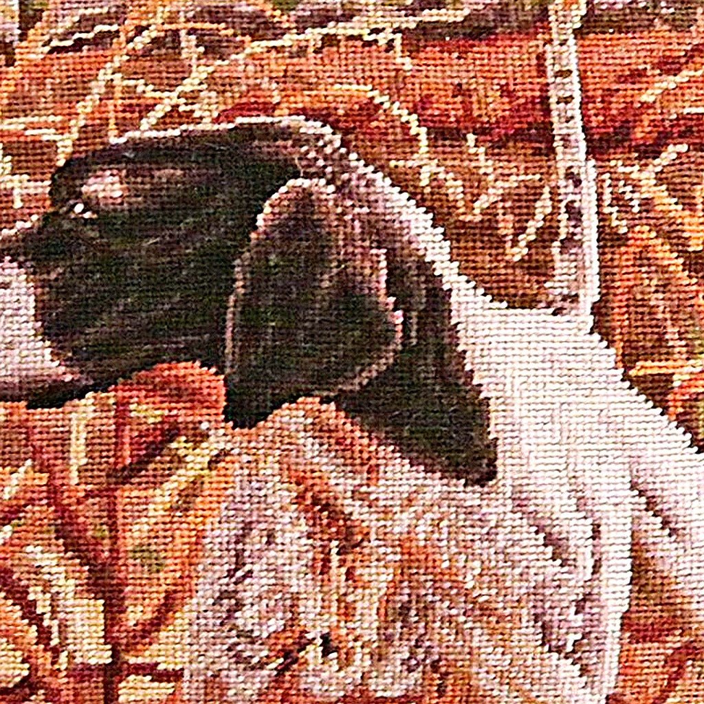 Closeup of Rustic Black Pointer Bird Dog Lodge needlepoint throw pillow highlighting hand-stitched wool craftsmanship and fabric detail