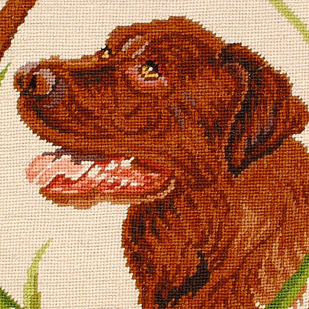 Rustic Brown Chocolate Lab Dog pillow fabric closeup showing hand-embroidered needlepoint wool texture and color detail