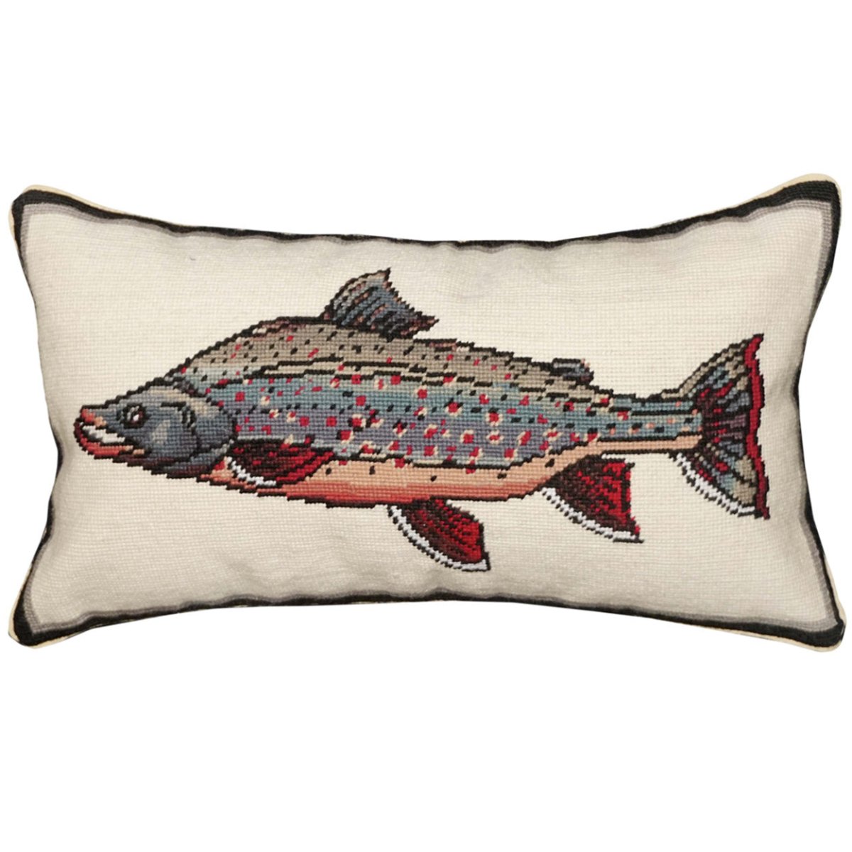 Brown Dolly Varden Swimming needlepoint throw pillow with rustic lodge-style design