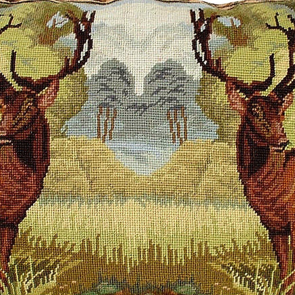 Rustic Lodge Deer Buck Wildlife pillow fabric closeup showing hand-embroidered needlepoint wool texture and color detail