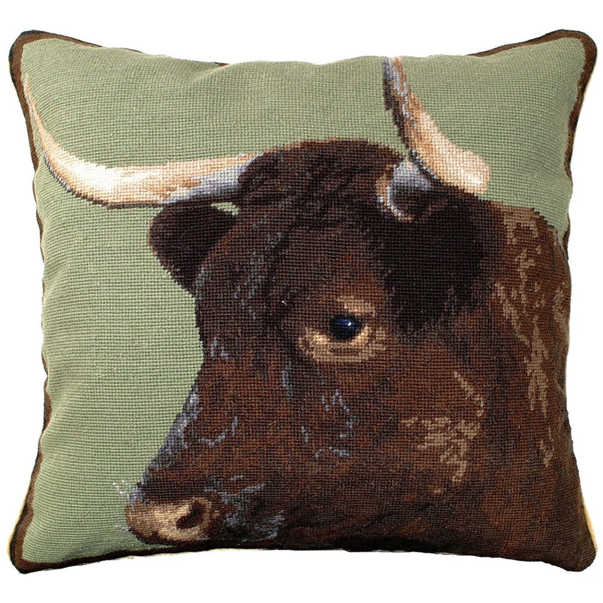 Milking Devon Cow needlepoint throw pillow with rustic lodge-style design