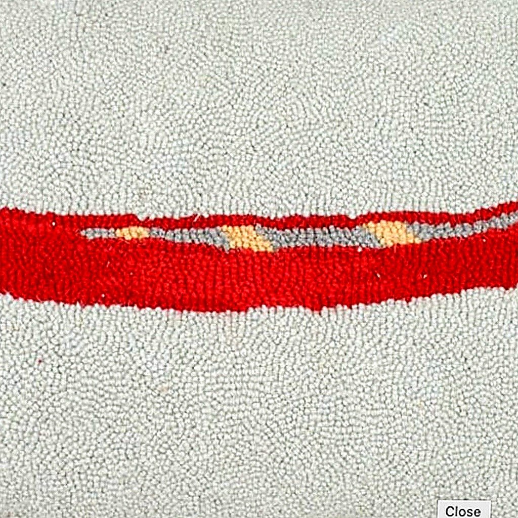 Rustic Red Canoe Lake Lodge Wool Hooked pillow fabric closeup showing hand-embroidered needlepoint wool texture and color detail