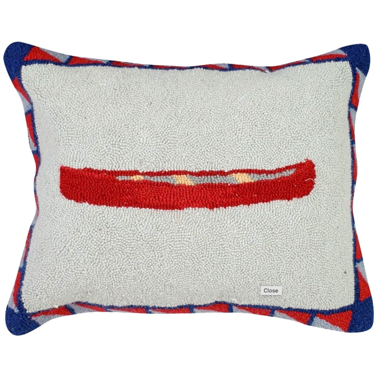 Red Canoe Lake hooked wool throw pillow with rustic lodge-style design