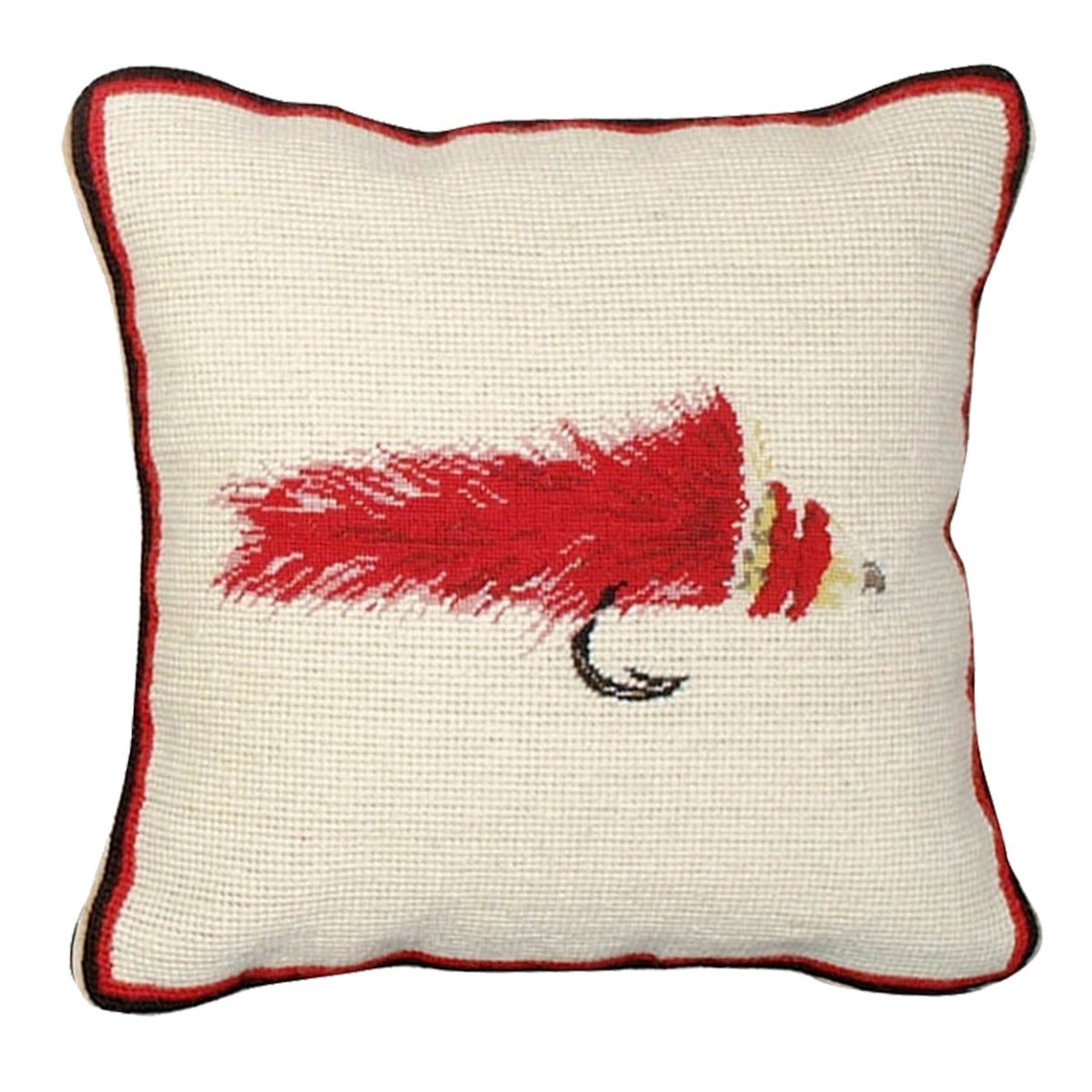 Red Diver Fly Flishing needlepoint throw pillow with rustic lodge-style design