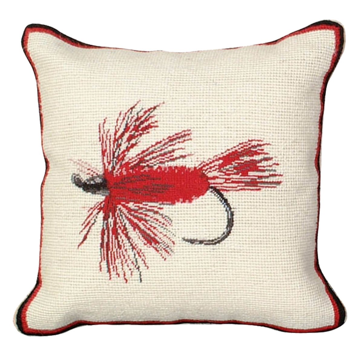 Red Hair Wing Fly needlepoint throw pillow with rustic lodge-style design