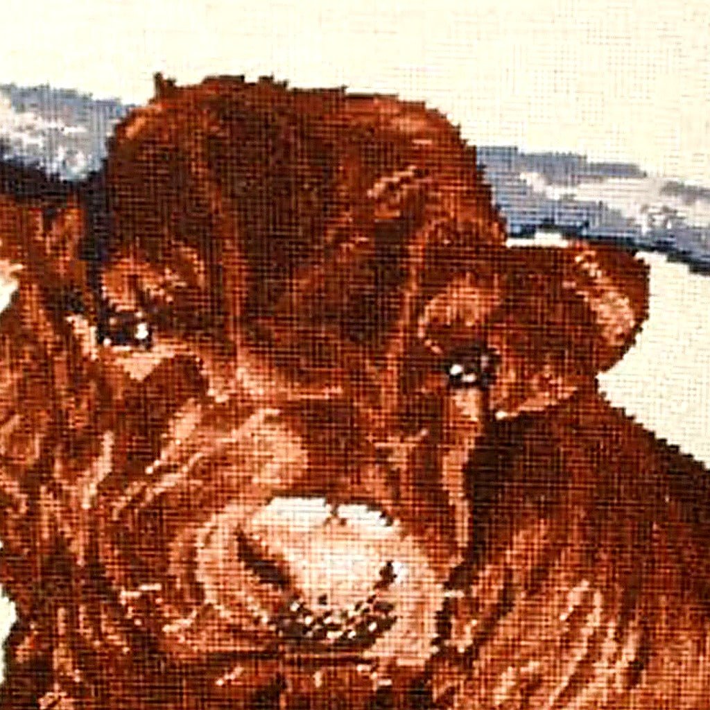 Hand-stitched wool detail of Rustic Red Steer Bull Farm Lodge needlepoint pillow showing intricate weave pattern and texture