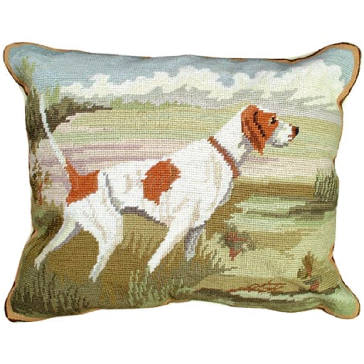 Red White Pointer Dog needlepoint throw pillow with rustic lodge-style design