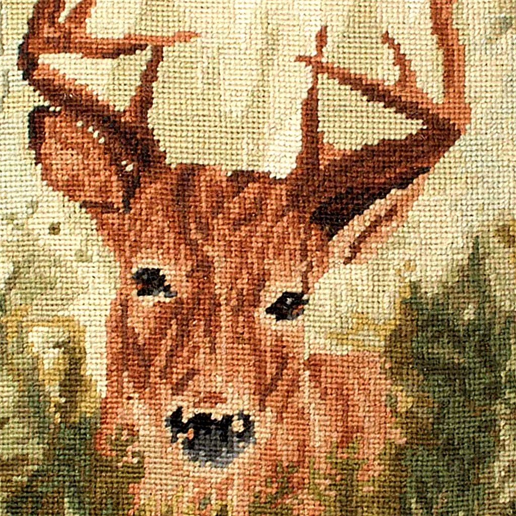 Closeup of Rustic Stag Buck Forest Lodge needlepoint throw pillow highlighting hand-stitched wool craftsmanship and fabric detail