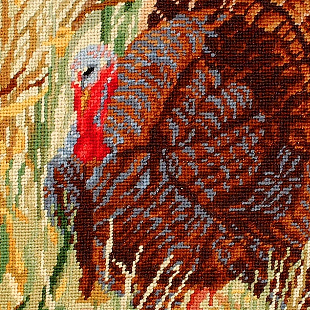 Closeup of Rustic Turkey Wildlife Lodge needlepoint throw pillow highlighting hand-stitched wool craftsmanship and fabric detail