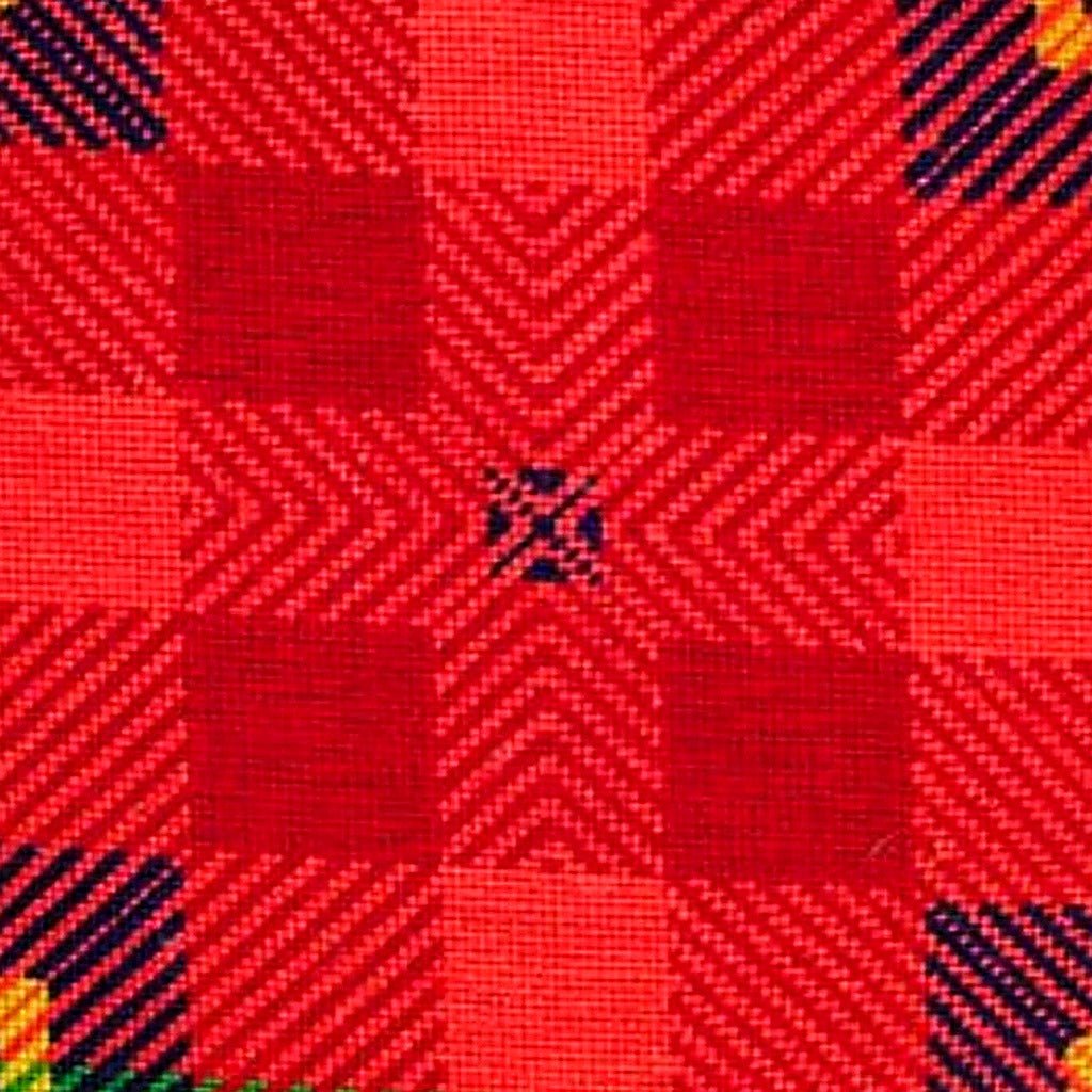 Closeup of Rustic Van Campen Red Lodge needlepoint throw pillow highlighting hand-stitched wool craftsmanship and fabric detail