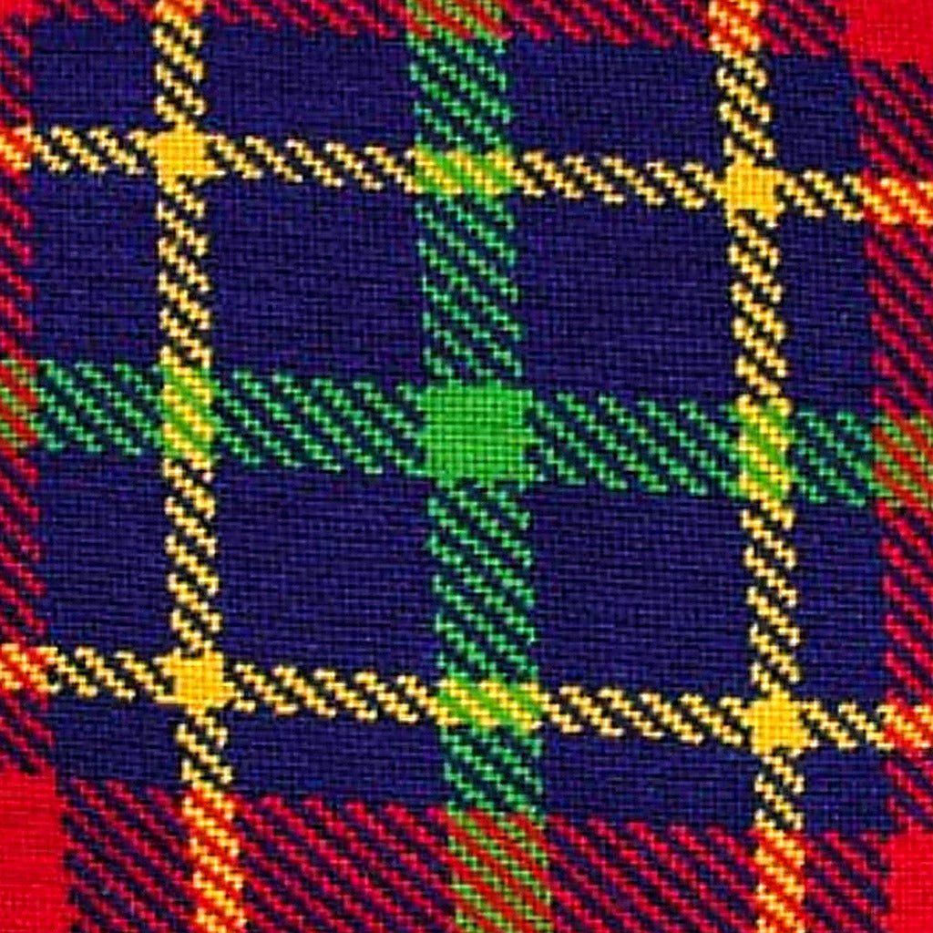 Closeup of Rustic Van Campen Red Lodge needlepoint throw pillow highlighting hand-stitched wool craftsmanship and fabric detail