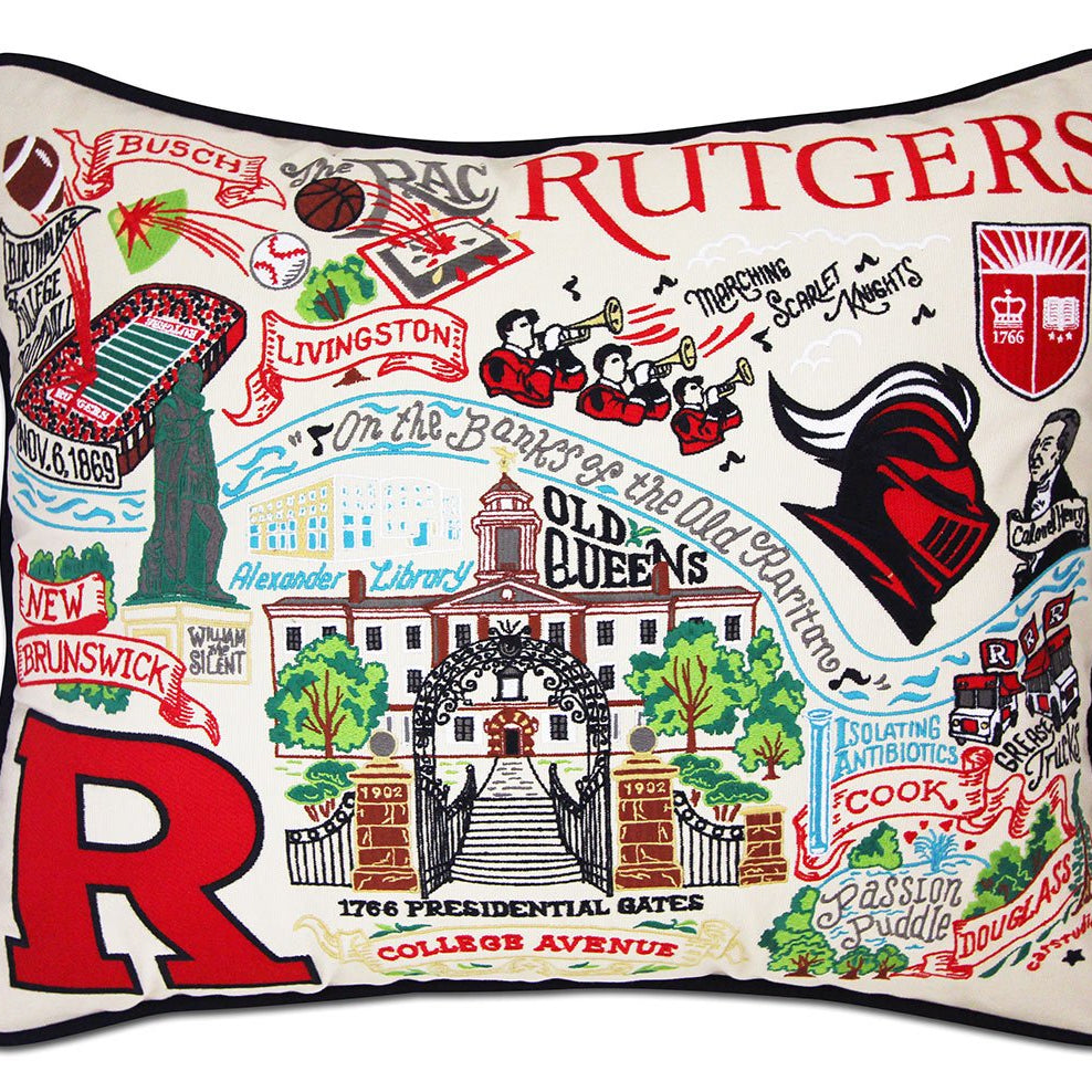 Rutgers University Scarlet Knights hand-embroidered throw pillow featuring school colors and mascot imagery