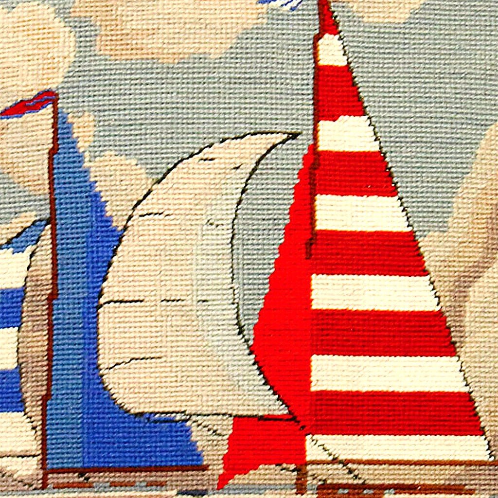 Hand-stitched wool detail of Sailboats Nautical Ocean Coastal needlepoint pillow showing intricate weave pattern and texture