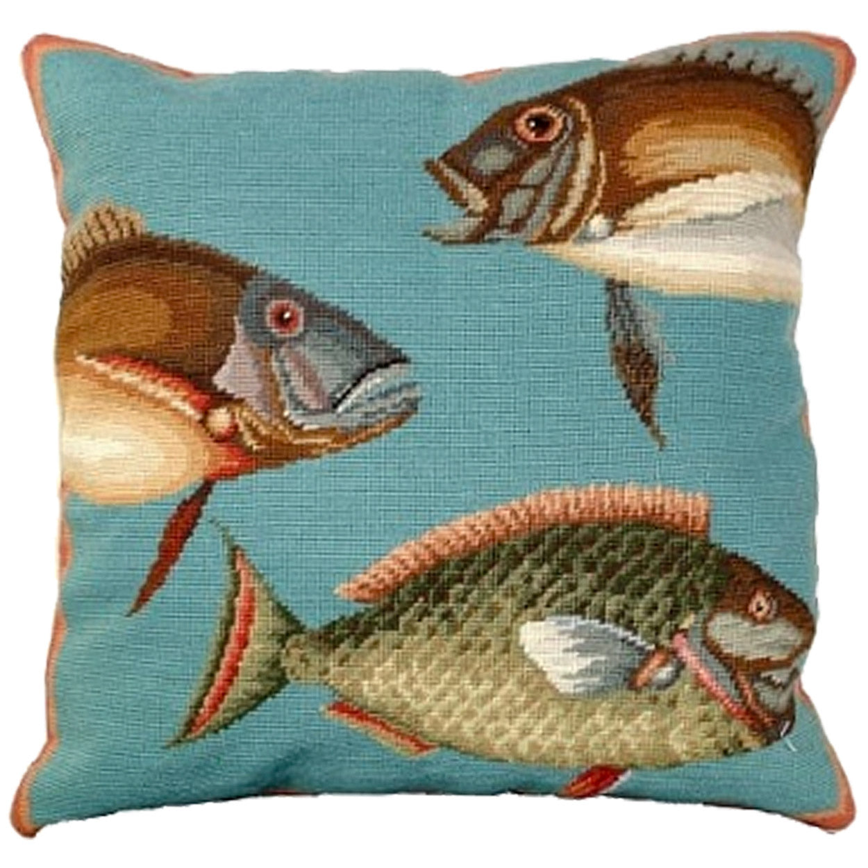 Saltwater Fish Catesby needlepoint throw pillow with nautical coastal motifs