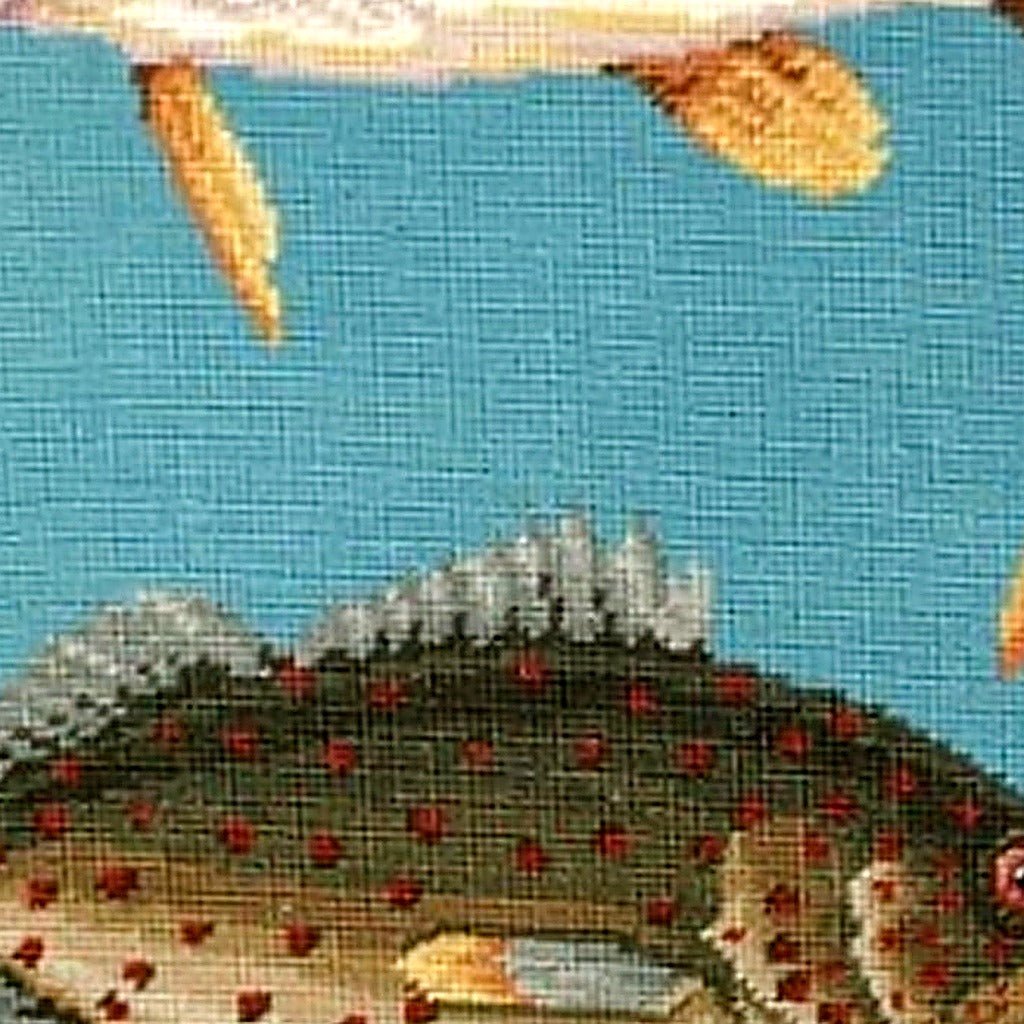 Saltwater Fish Coastal Wildlife pillow fabric closeup showing hand-embroidered needlepoint wool texture and color detail