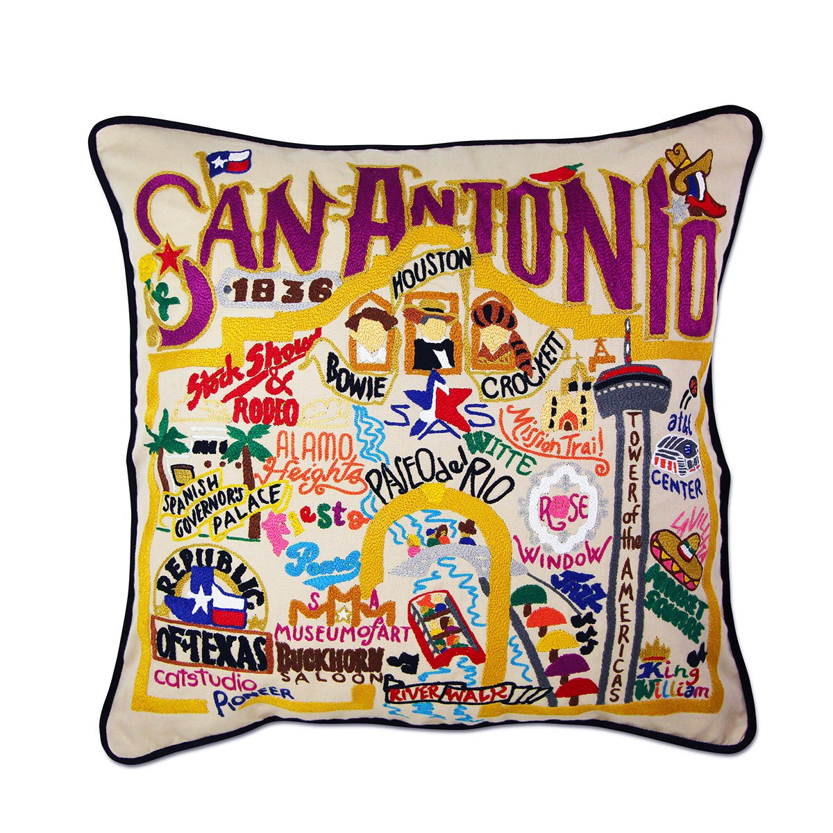 San Antonio, TX Alamo City hand-embroidered throw pillow showcasing iconic landmarks