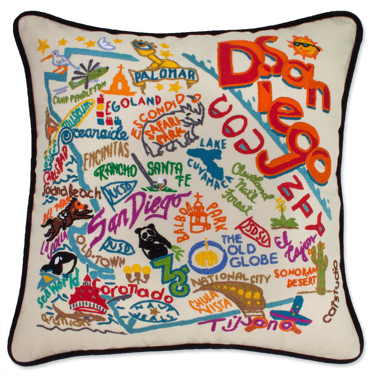 San Diego, CA Sunny City hand-embroidered throw pillow showcasing iconic landmarks