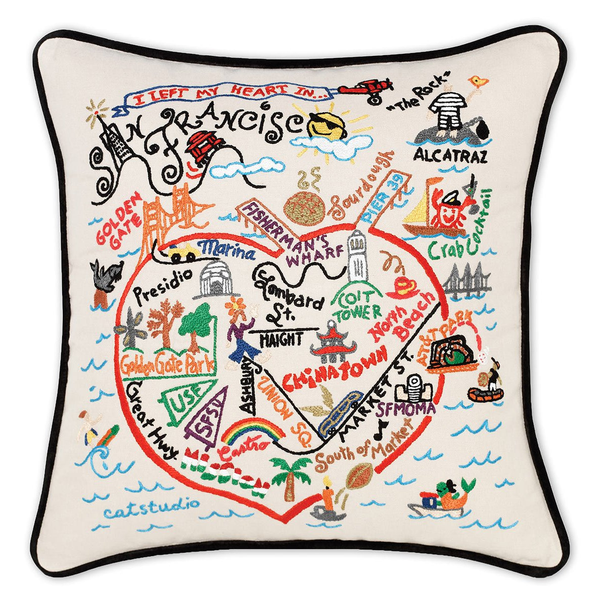 San Francisco, CA Golden Gate hand-embroidered throw pillow showcasing iconic landmarks