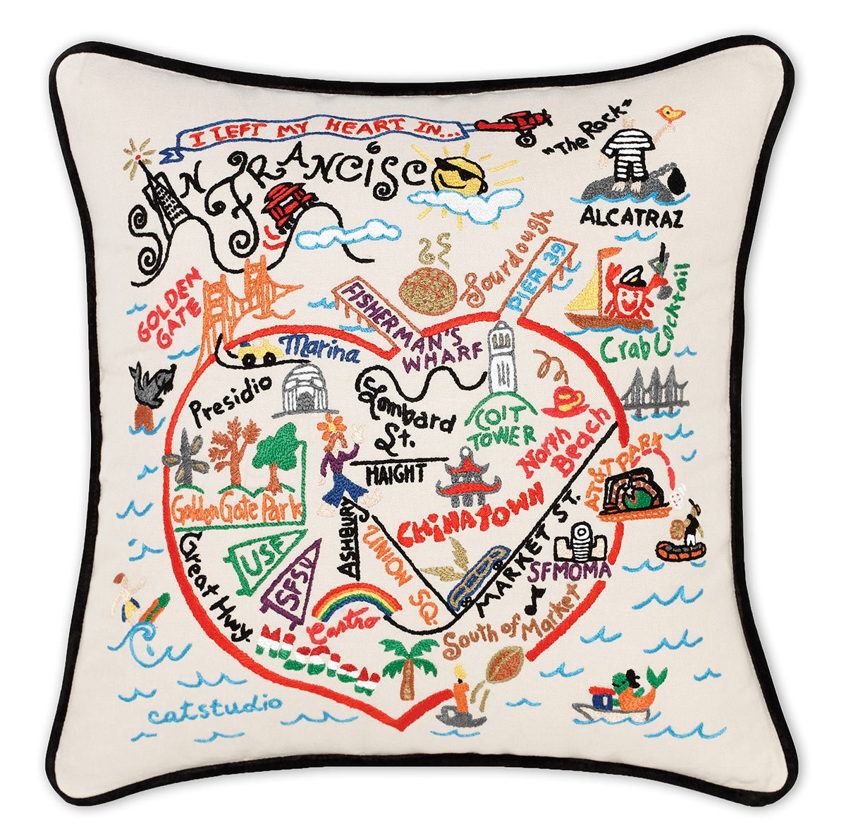 San Francisco, CA Golden Gate hand-embroidered throw pillow showcasing iconic landmarks