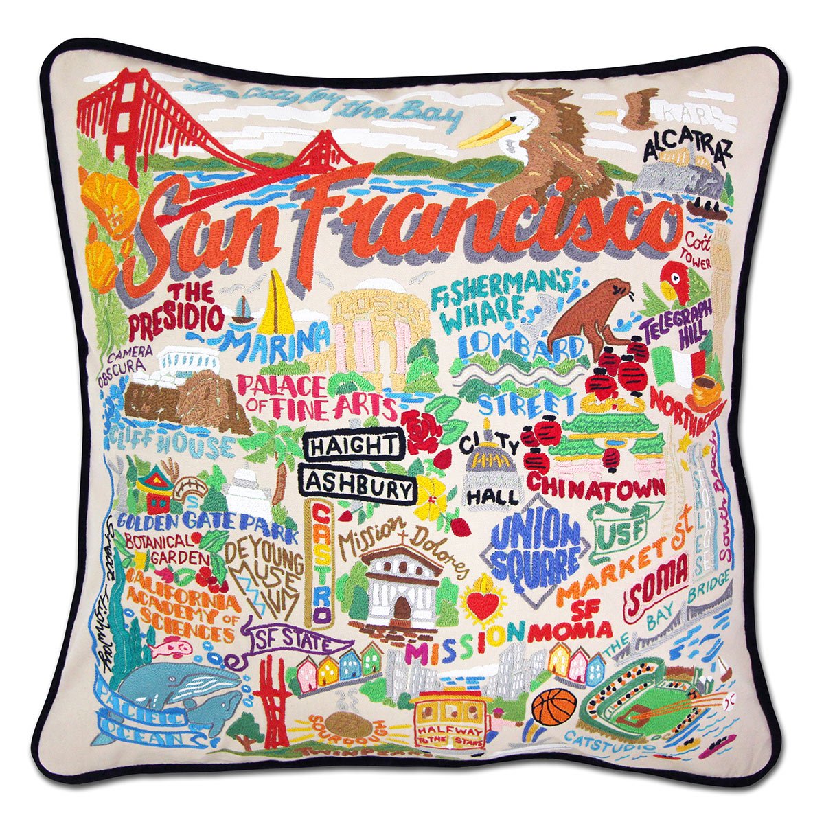 San Francisco City hand-embroidered throw pillow showcasing iconic landmarks