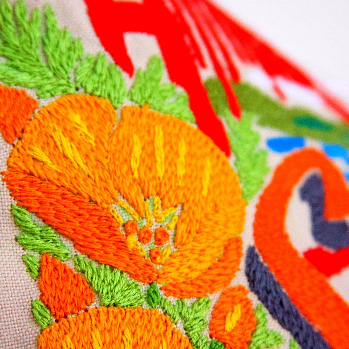 San Francisco City Embroidered Travel Throw Pillow - close-up detail of hand-embroidered needlepoint stitching