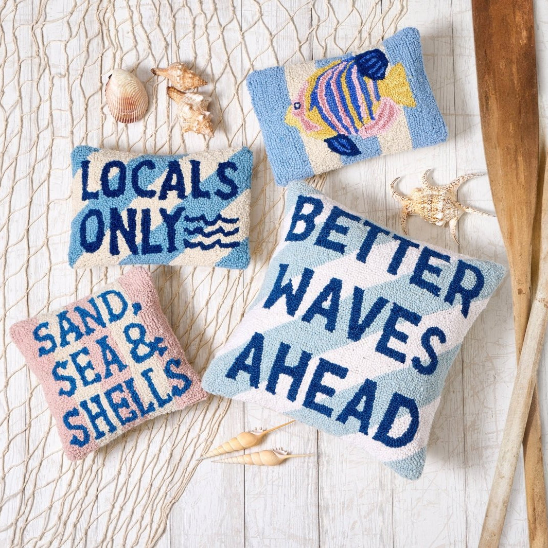 Sand Sea & Shells Hooked Wool Throw Pillow shown alongside other designs in the same collection, 10x10 inch