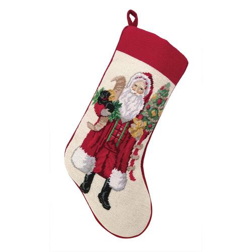 Santa and Black Puppy Wool Needlepoint Christmas Stocking, 11x18 inch, front view