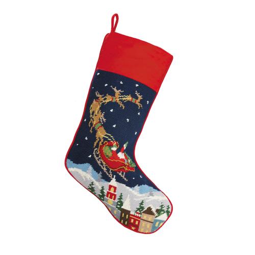 Santa and Reindeers Wool Needlepoint Christmas Stocking, 11x18 inch, front view