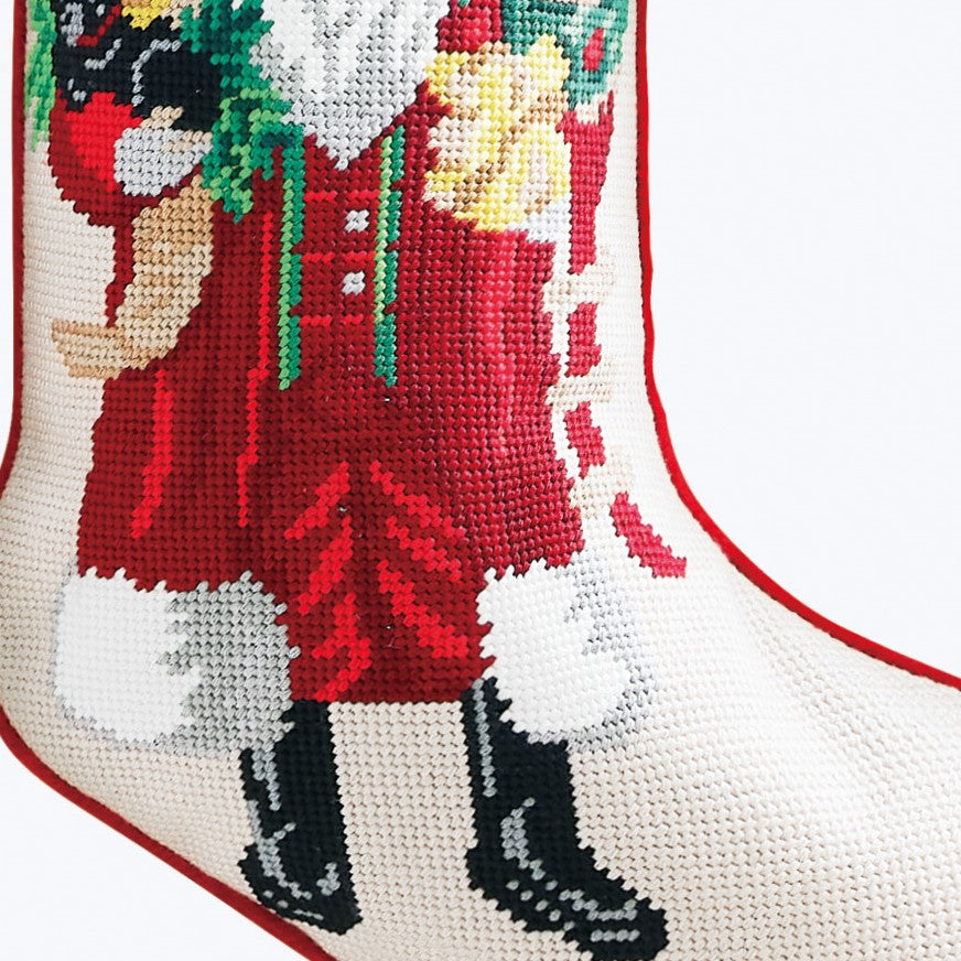 Santa & Black Puppy Embroidered Needlepoint Christmas Stocking, close-up detail