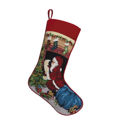 Santa Chimney Wool Needlepoint Christmas Stocking, 11x18 inch, front view