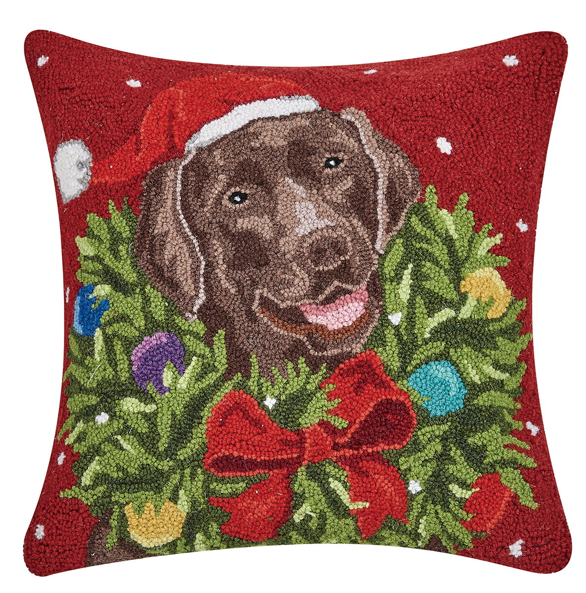 Santa Choco Labr Wreath Hooked Wool Christmas Throw Pillow, 18x18 inch, front view