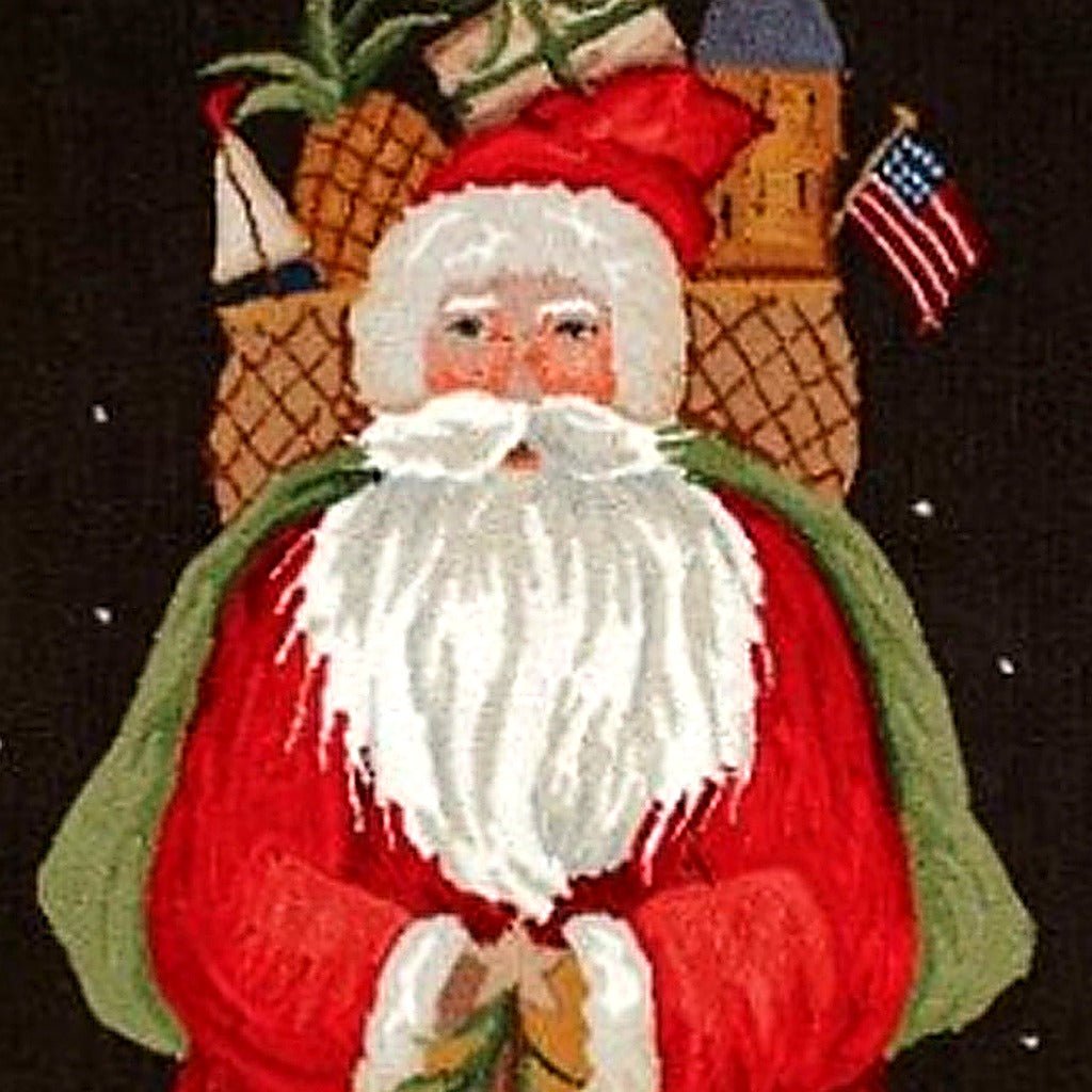 Hand-stitched wool detail of Santa Claus Gifts needlepoint rug showing intricate weave pattern and texture