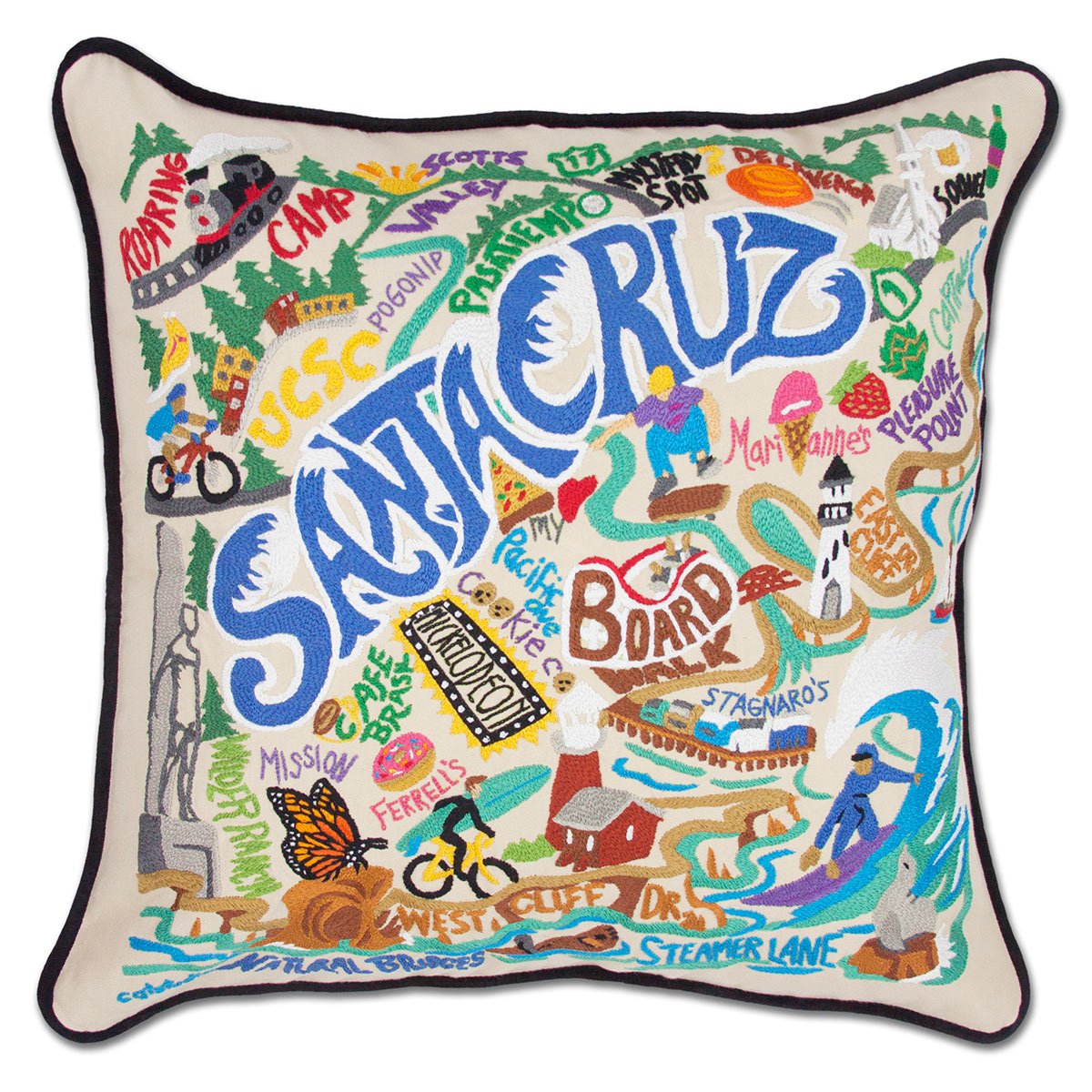 Santa Cruz, CA Surf City hand-embroidered throw pillow showcasing iconic landmarks