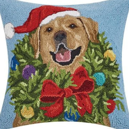 Santa Golden Labr Wreath Hooked Wool Christmas Throw Pillow, close-up detail