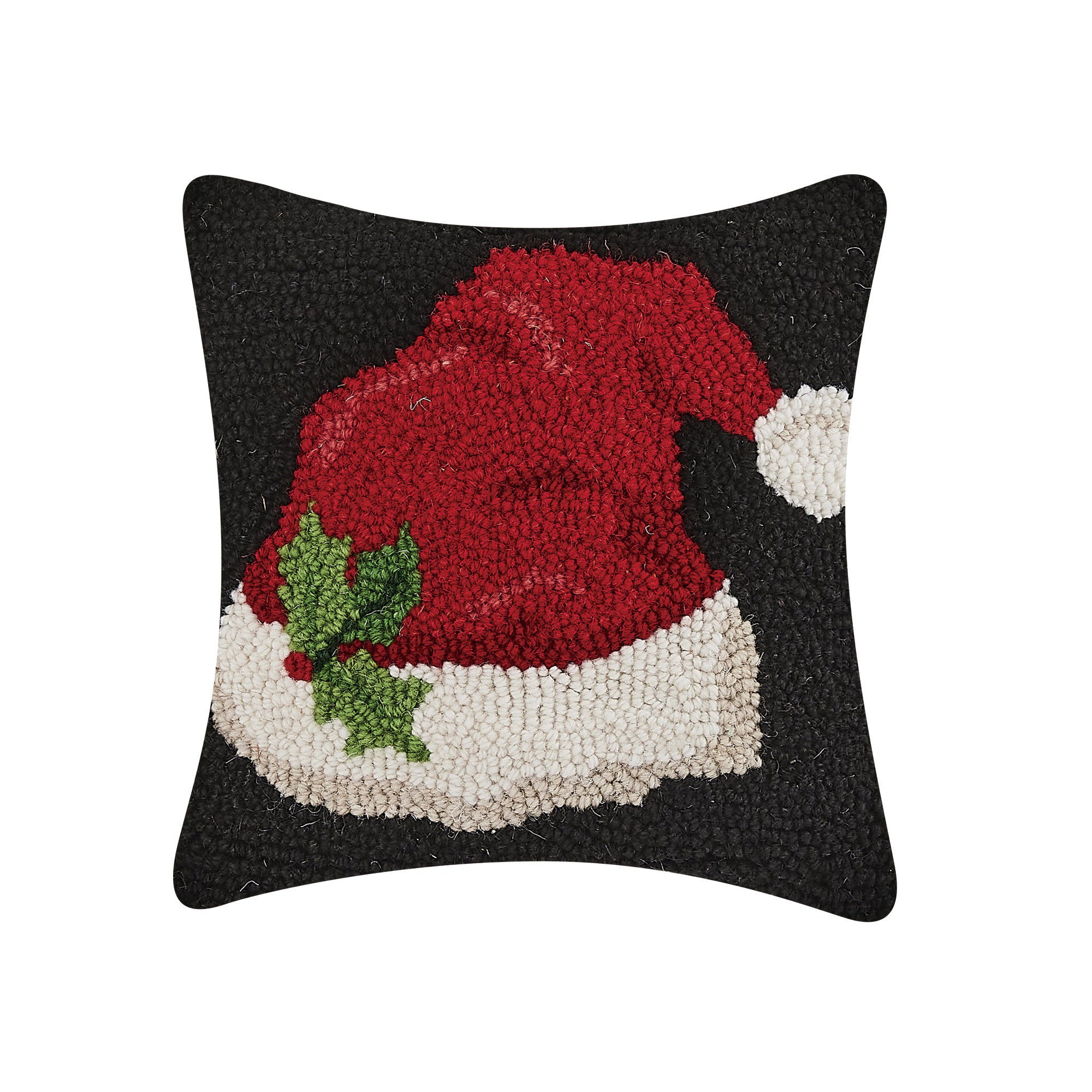 Santa Hat Hooked Wool Christmas Throw Pillow, 10x10 inch, front view