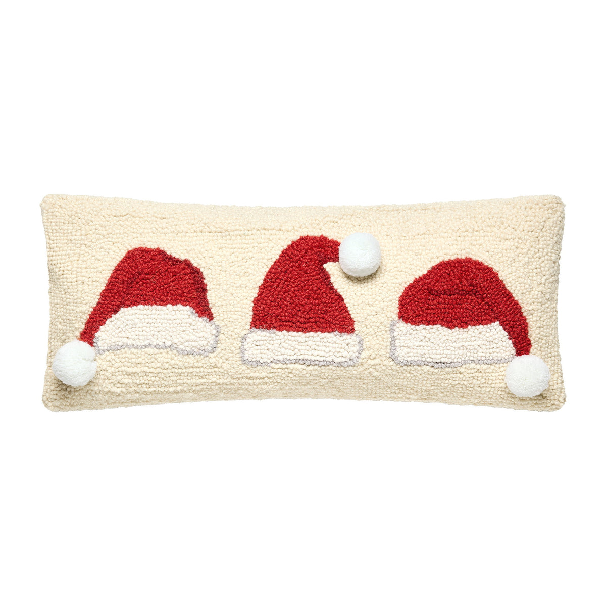 Santa Hat Trio Hooked Wool Christmas Throw Pillow, 8x20 inch, front view