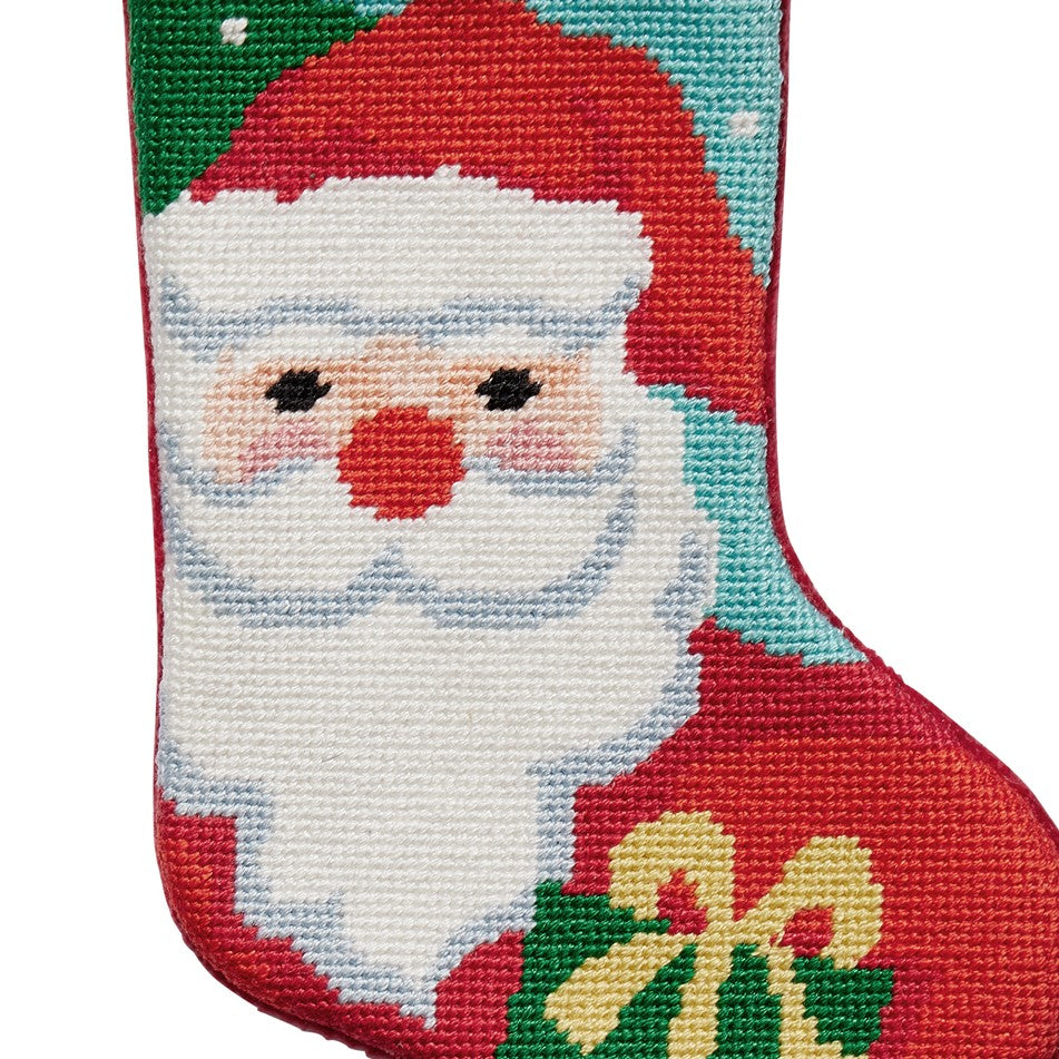 Santa Mini Embroidered Needlepoint Christmas Stocking, close-up detail