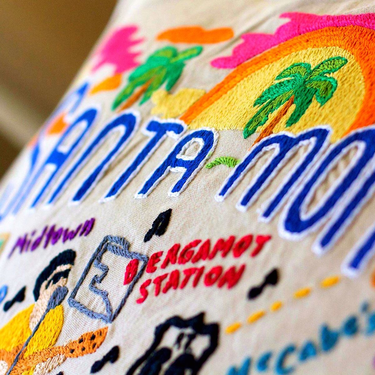 Santa Monica, CA Beach City Embroidered Travel Pillow - close-up detail of hand-embroidered needlepoint stitching